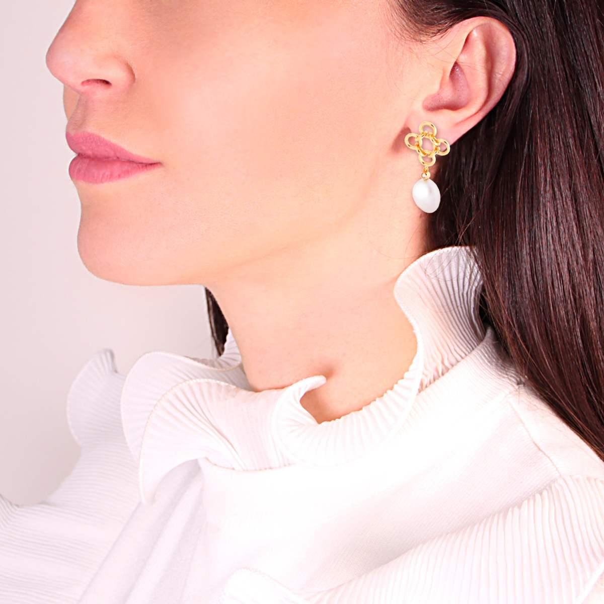 Orecchini con Perla Scaramazza pendente e Zircone Bianco in ARGENTO 925 Galvanica Oro