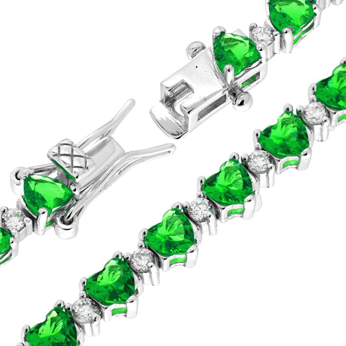 Bracciale Tennis Griffe cm 18 Cuori Verde Smeraldo alternati a Zirconi Bianchi in ARGENTO 925 Galvanica Rodio