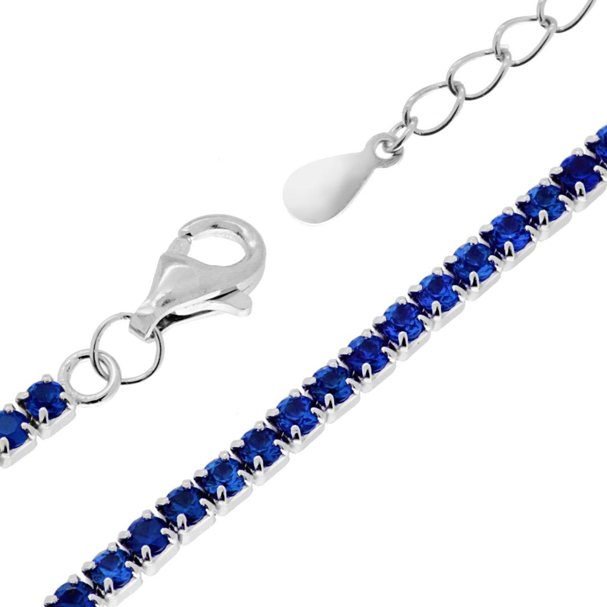 Bracciale Tennis Griffe cm 17+3 con Zirconi mm 2 Blu Zaffiro in ARGENTO 925 Galvanica Rodio