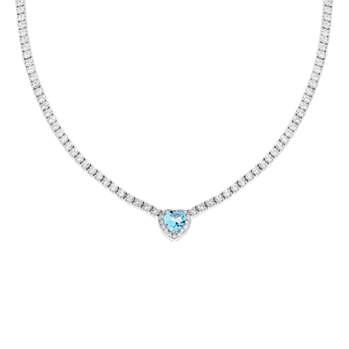 Collana Tennis Griffe cm 40+5 con Zirconi Bianchi con Zircone Cuore centrale Acquamarina contornato da Zirconi Bianchi in ARGENTO 925 Galvanica Rodio