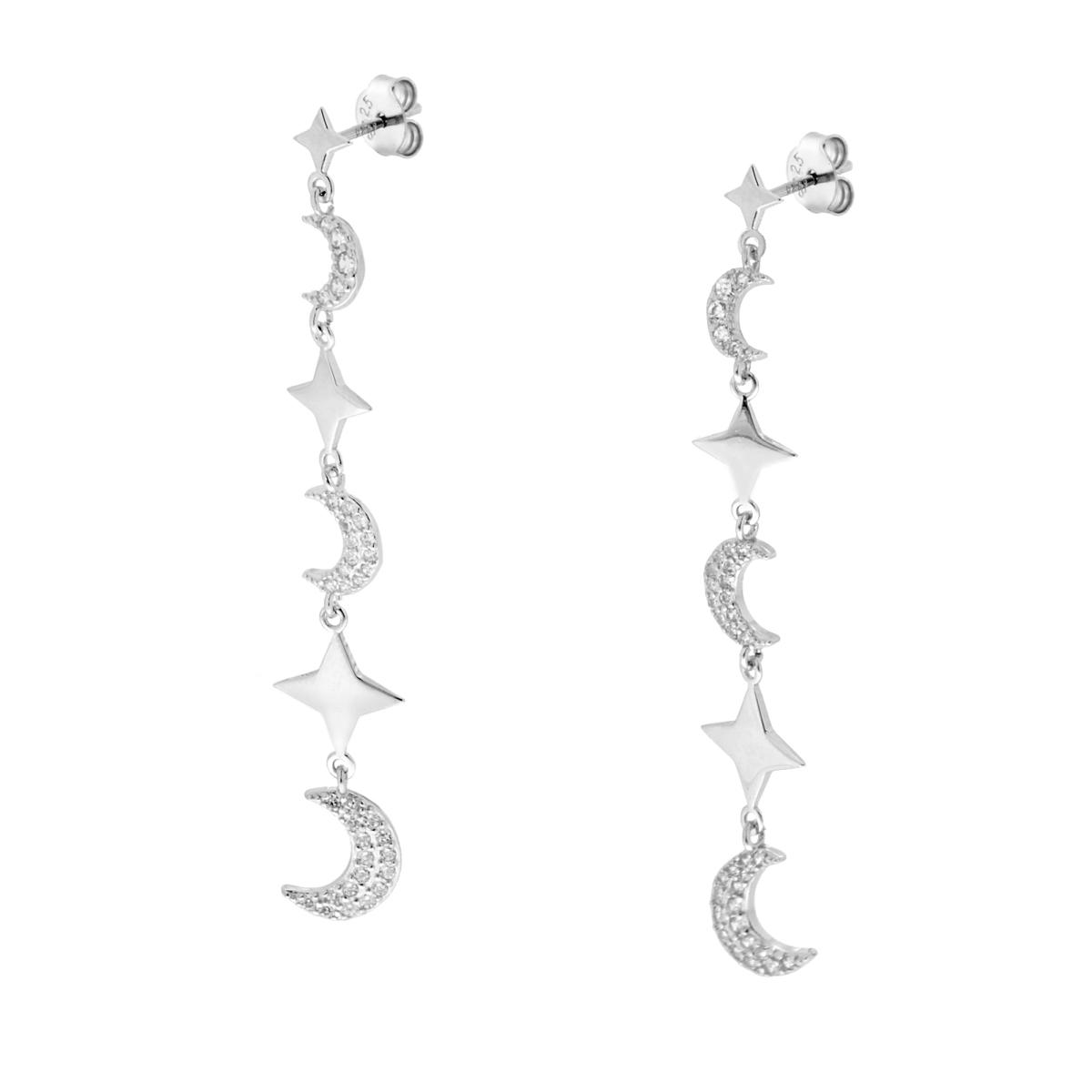 Orecchini Lunghi pendenti con Stelle Plain e Lune con Zirconi Bianchi in ARGENTO 925 Galvanica Rodio