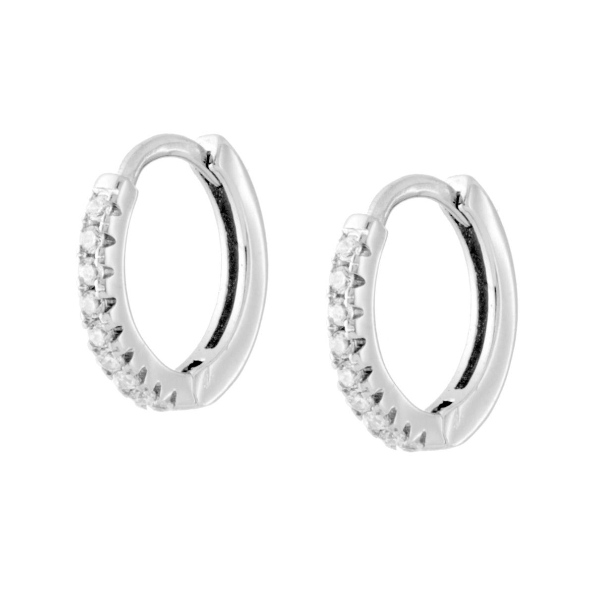 Orecchini Cerchio a Scattino mm 14 con Zirconi Bianchi in ARGENTO 925 Galvanica Rodio