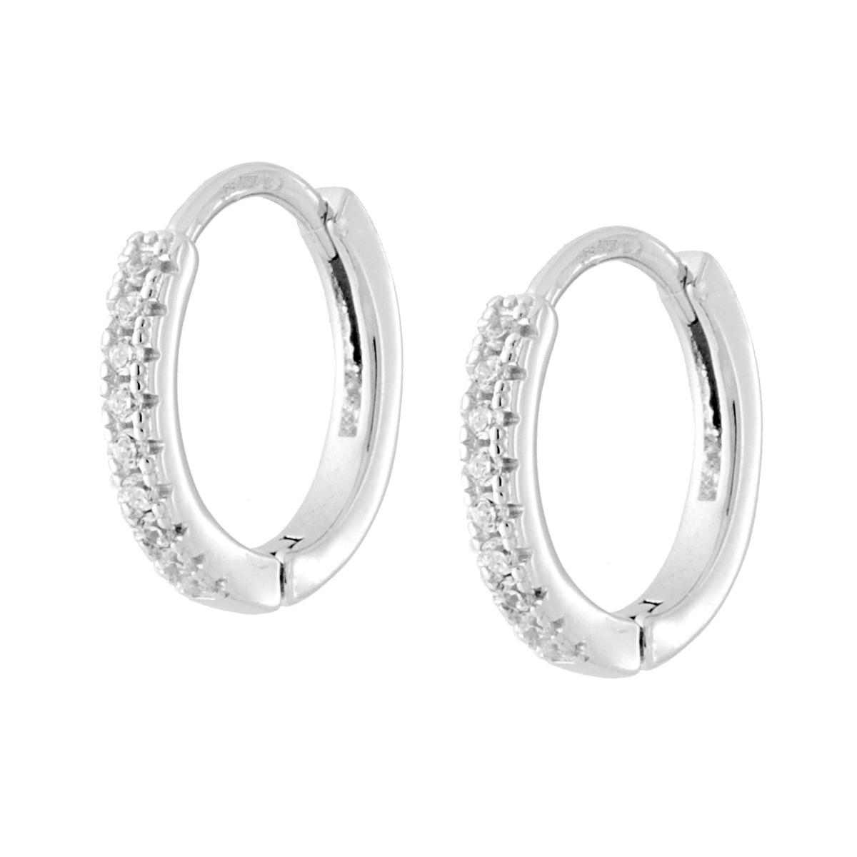 Orecchini Cerchio a Scattino mm 15 con Zirconi Bianchi in ARGENTO 925 Galvanica Rodio