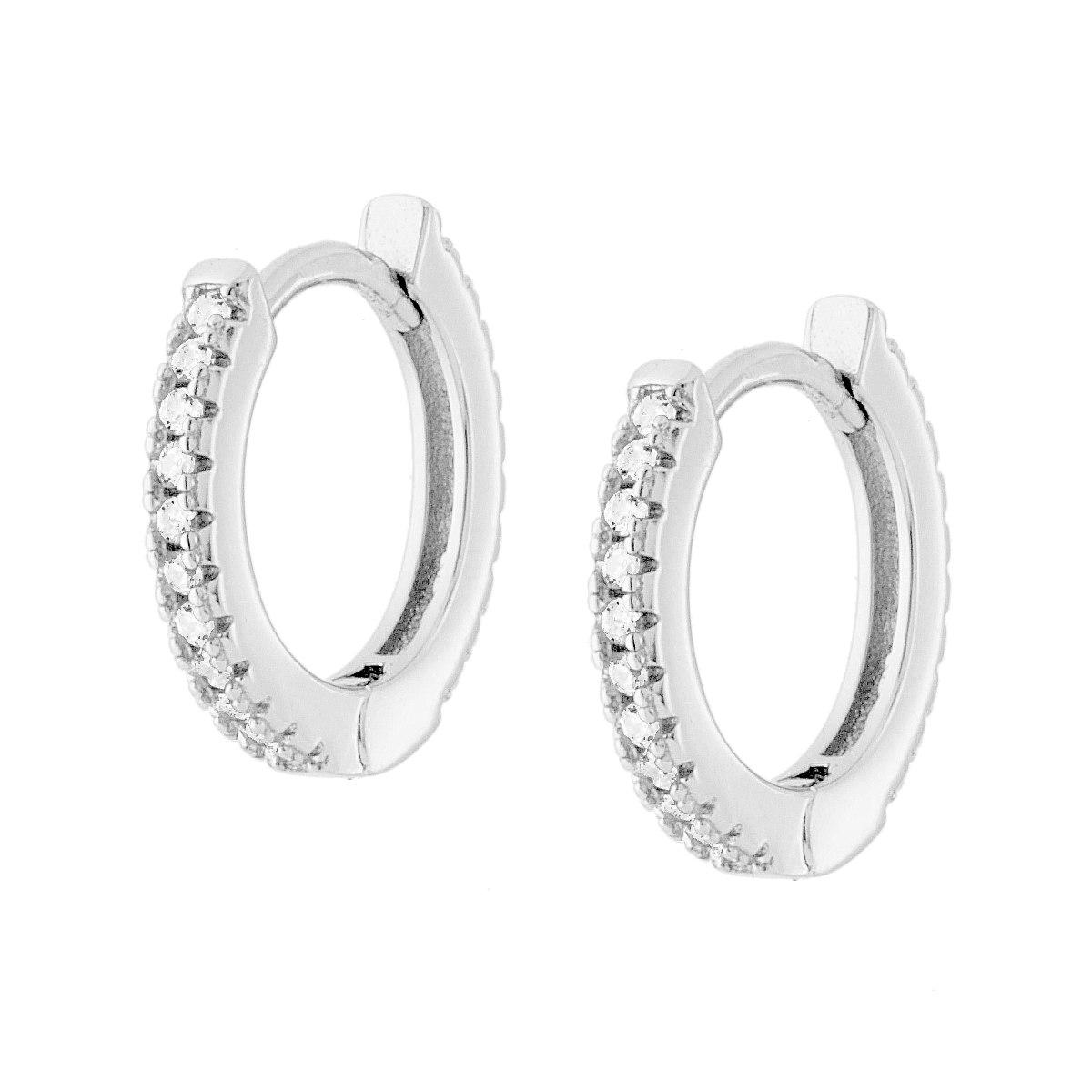 Orecchini Cerchio a Scattino mm 15 con Zirconi Bianchi in ARGENTO 925 Galvanica Rodio