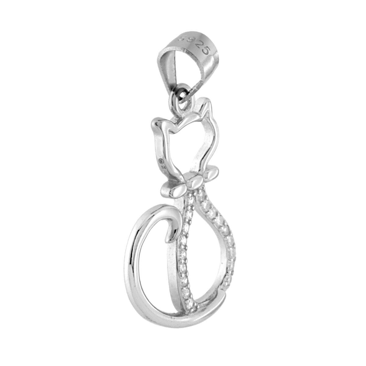 Ciondolo Gatto con Zirconi Bianchi in ARGENTO 925 Galvanica Rodio