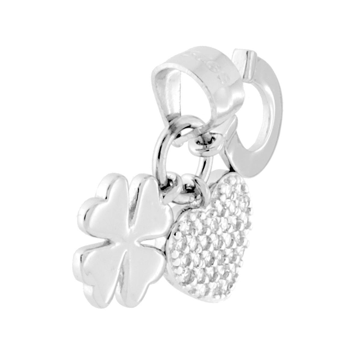 Ciondolo Multipendente Portafortuna Cuore Ferro di Cavallo Quadrifoglio con Zirconi Bianchi in ARGENTO 925 Galvanica Rodio