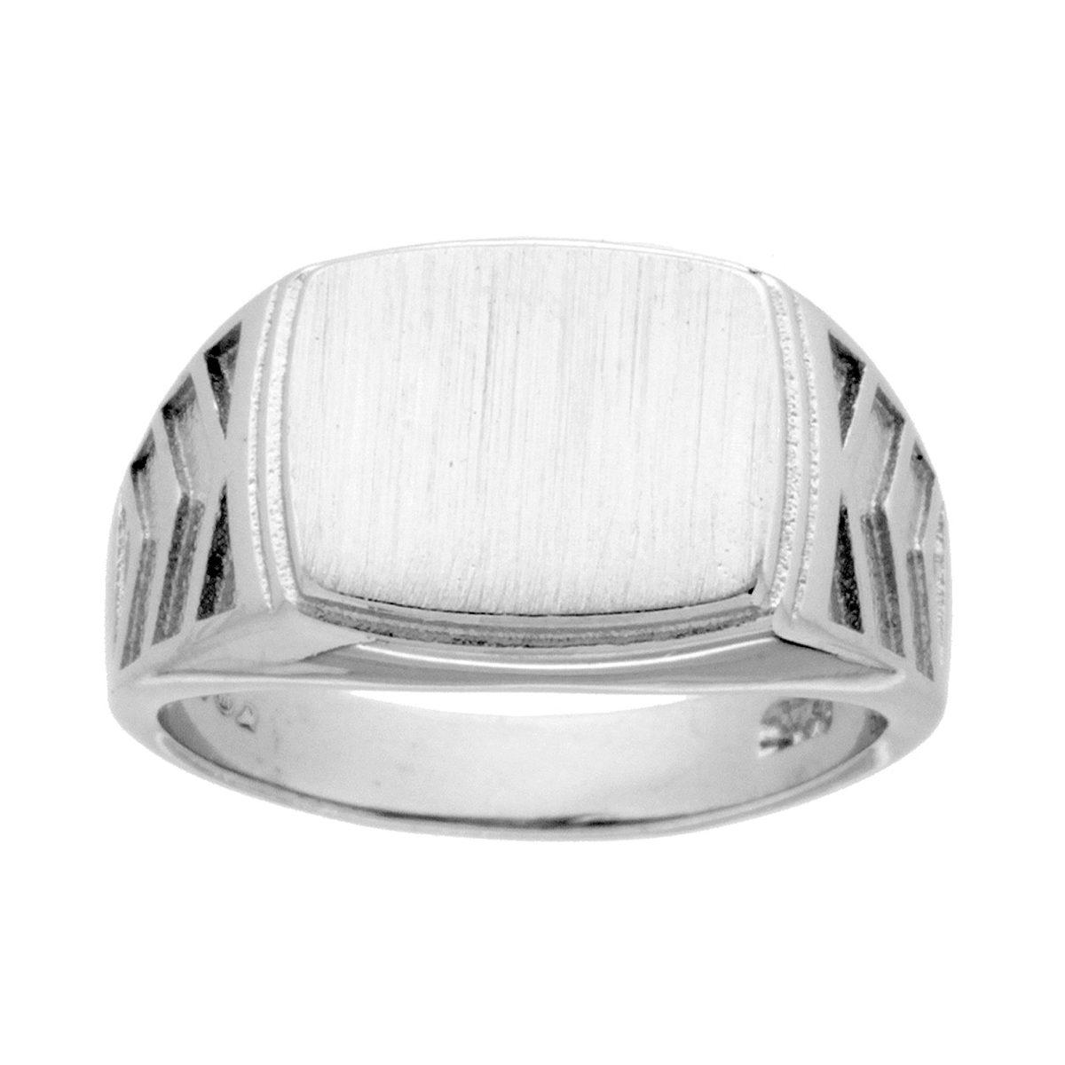 Anello Chevalier con Scudo Rettangolare Plain Satinato Decoro Geometrico in ARGENTO 925 Galvanica Rodio