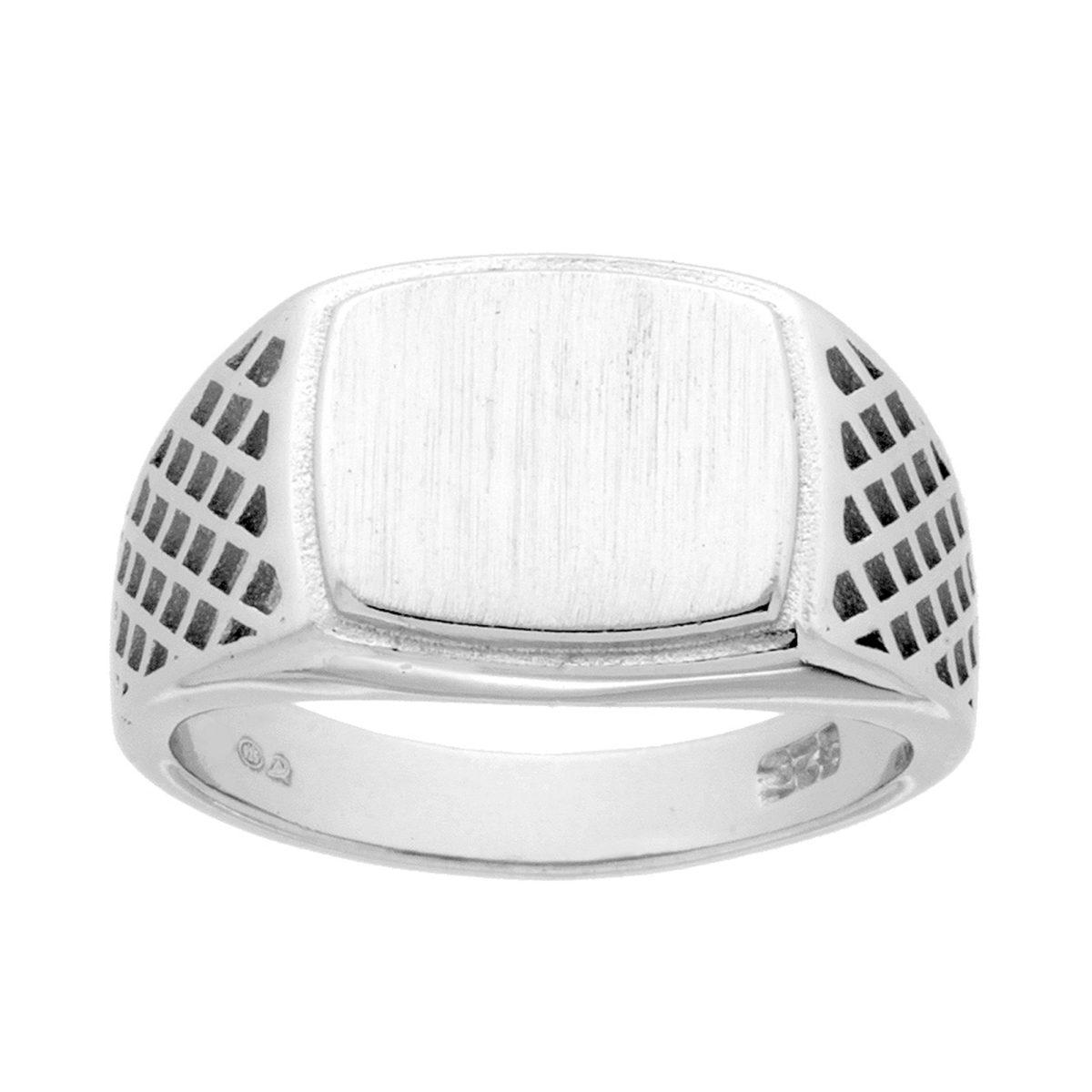 Anello Chevalier con Scudo Rettangolare Plain Satinato Decoro Geometrico in ARGENTO 925 Galvanica Rodio