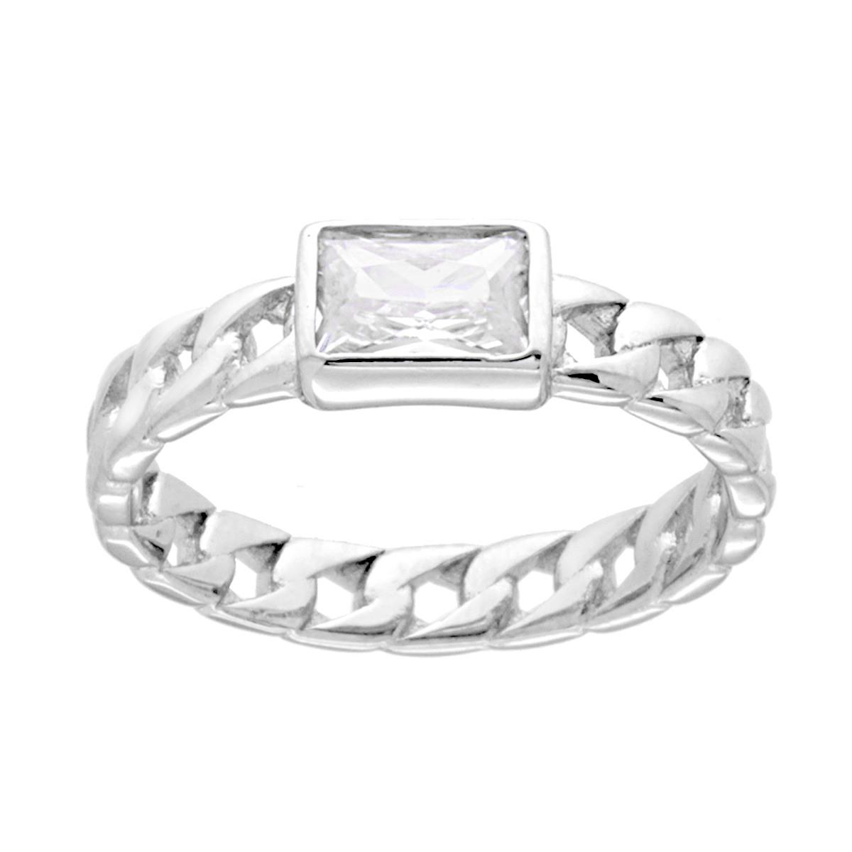 Anello Solitario con Catena Grumetta con Zircone Bianco Rettangolare in ARGENTO 925 Galvanica Rodio