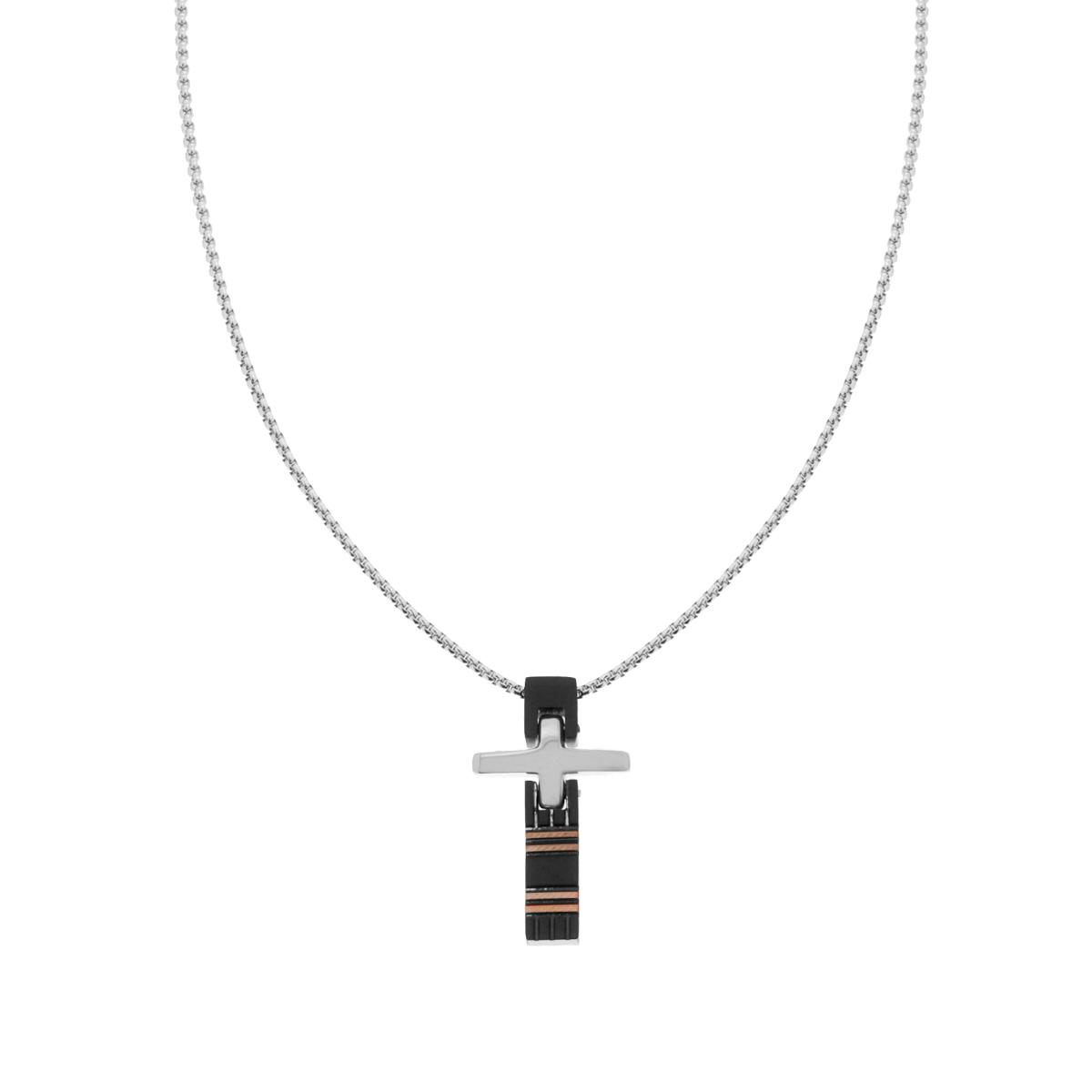 Collana Uomo Catena Veneziana tonda con Croce bicolore laccata Nera in ACCIAIO