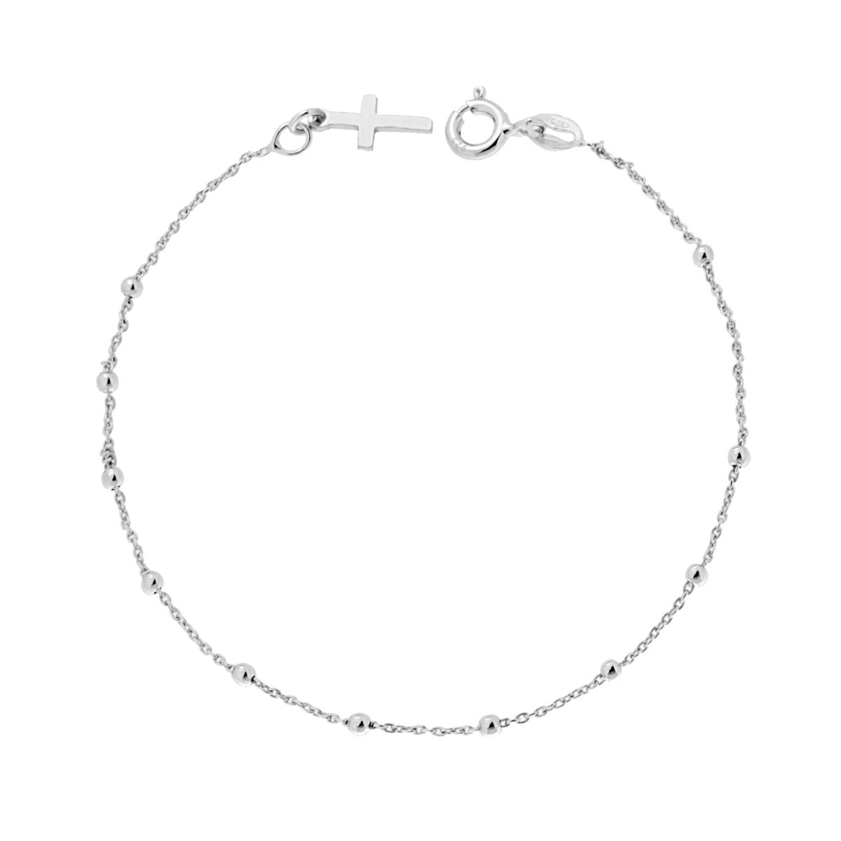 Bracciale Rosario Catena Forzatina con Grani Pallina Liscia mm 2 con Croce in ARGENTO 925 Galvanica Rodio<br />