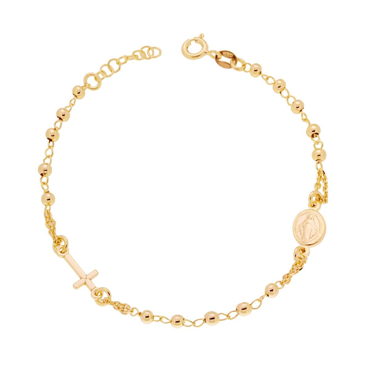Bracciale Rosario cm 18+2 con Grani Pallina liscia mm 3 con Croce e Medaglia Madonna in ARGENTO 925 Galvanica Oro