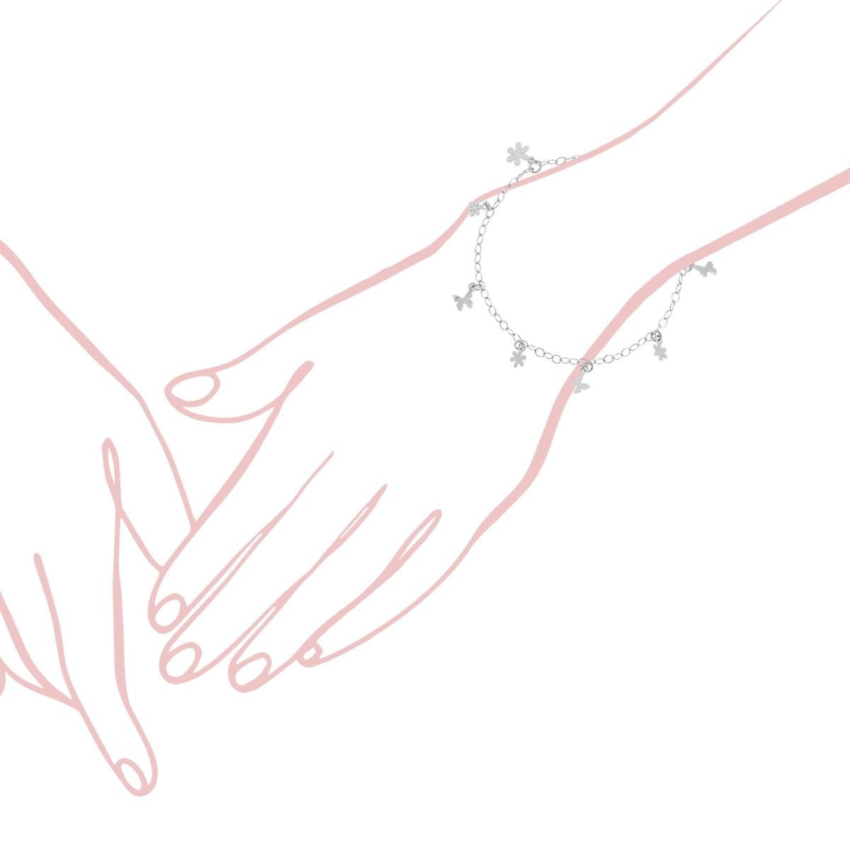 Bracciale Catena Forzatina con Fiori e Farfalle plain pendenti in ARGENTO 925 Galvanica Rodio