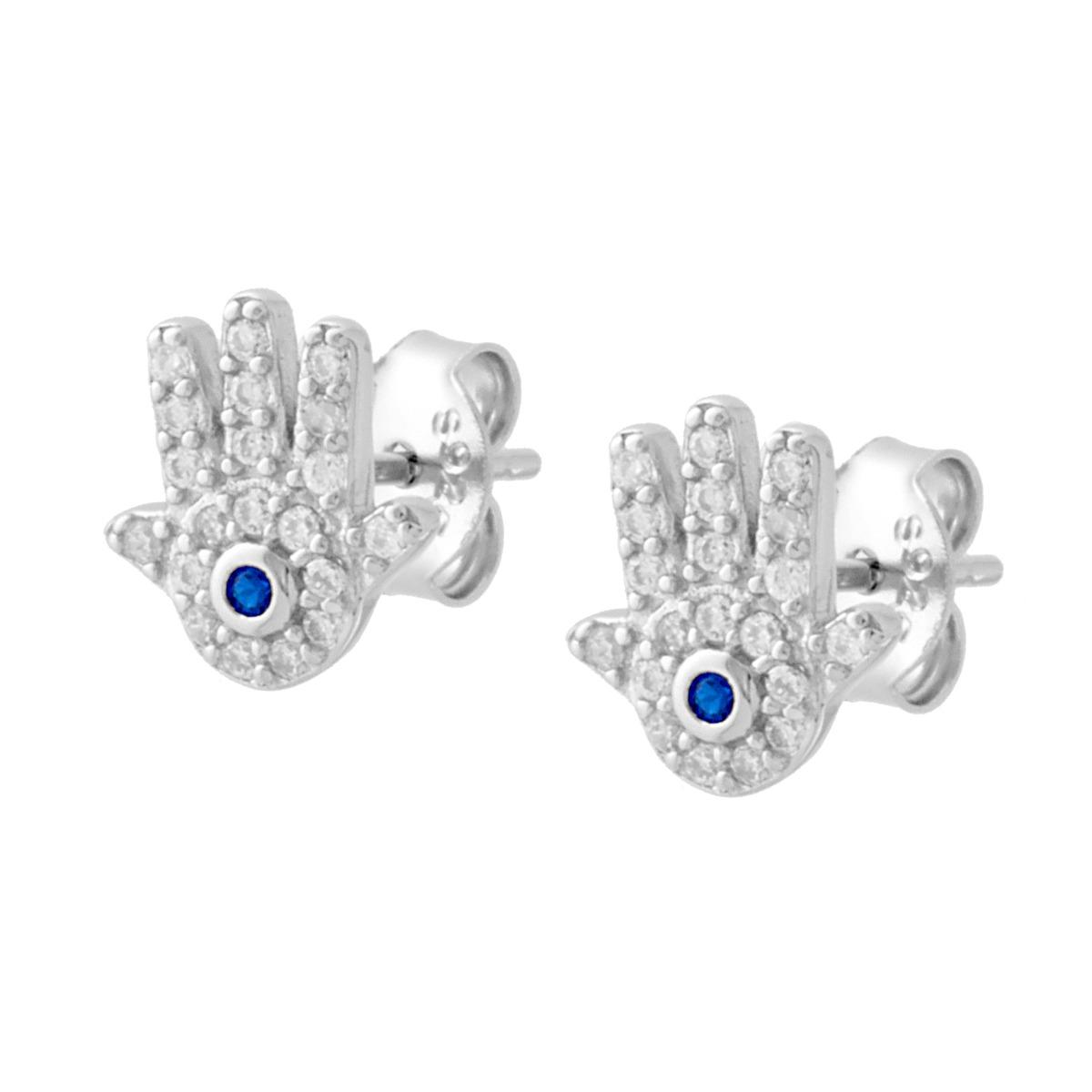 Orecchini Mano di Fatima con Zirconi Bianchi e Zircone Blu Zaffiro in ARGENTO 925 Galvanica Rodio