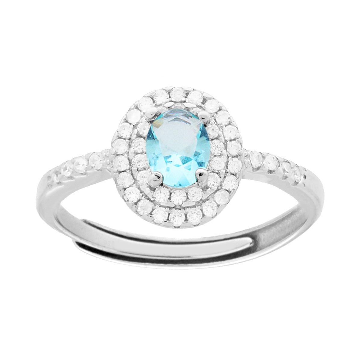 Anello Halo Solitario con Zircone ovale Acquamarina contornato da Zirconi Bianchi in ARGENTO 925 Galvanica Rodio