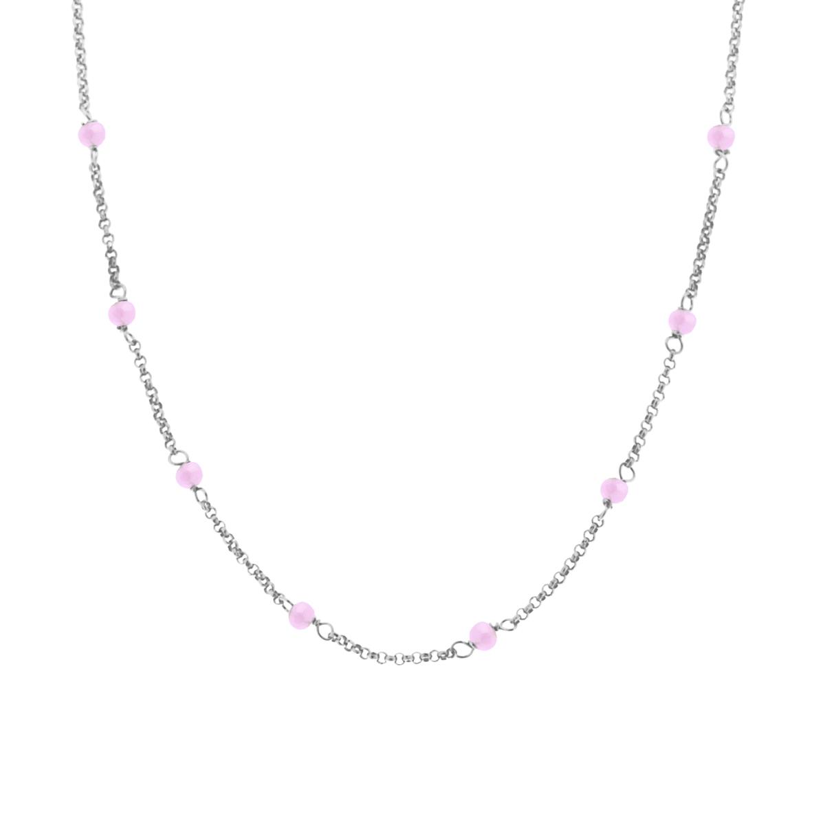 Collana Catena Rolo Diamantata con Crystal Rosa in ARGENTO 925 Galvanica Rodio
