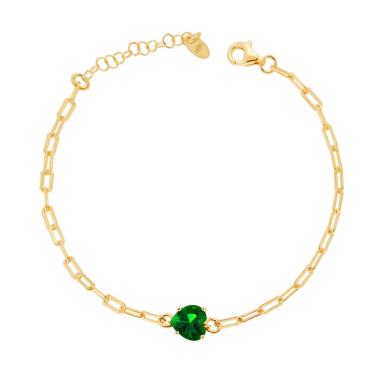 Bracciale Catena Forzatina allungata con Zircone Verde Smeraldo a forma di Cuore in ARGENTO 925 Galvanica Oro