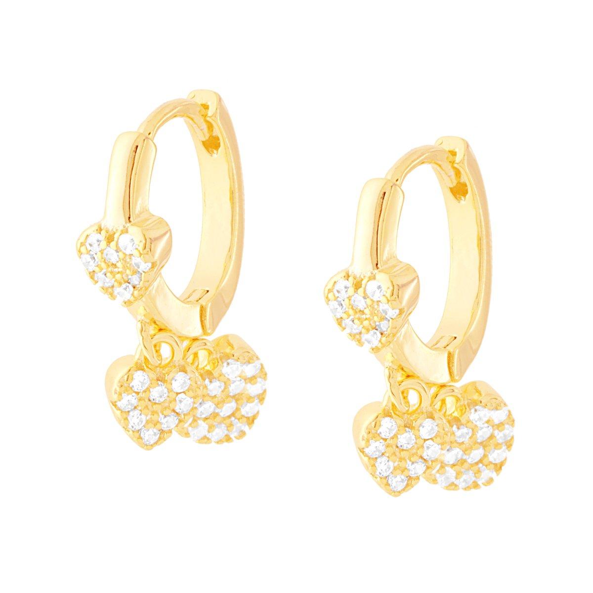 Orecchini Cerchio mm 13 con Cuori pendenti e Zirconi Bianchi in ARGENTO 925 Galvanica Oro