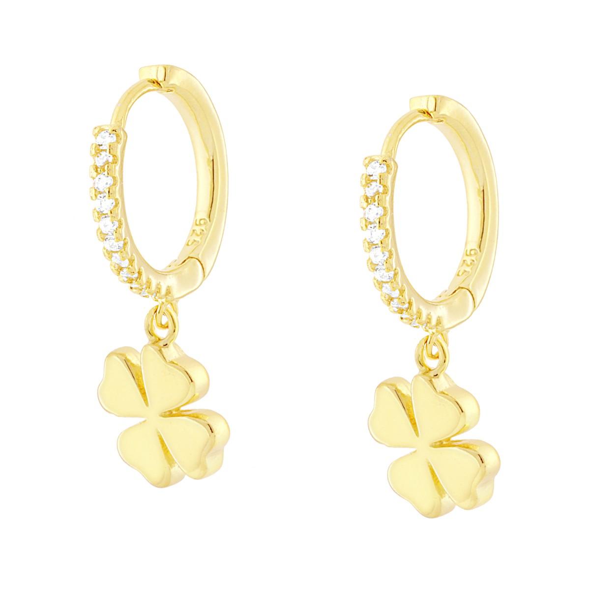 Orecchini Cerchi Boccoli con Zirconi Bianchi e Quadrifoglio plain pendente in ARGENTO 925 Galvanica Oro
