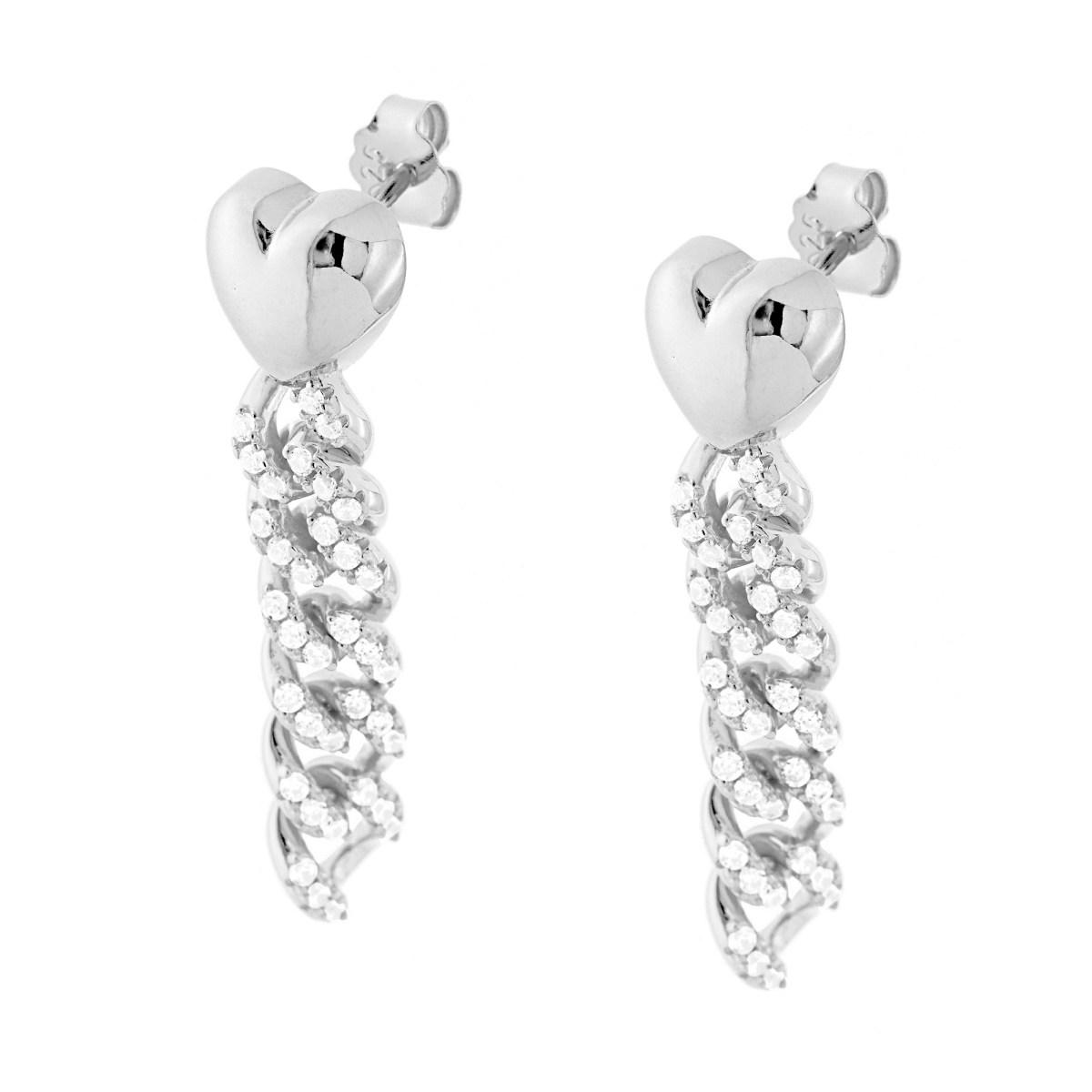 Orecchini Cuore e Catena Grumetta pendente con Zirconi Bianchi in ARGENTO 925 Galvanica Rodio