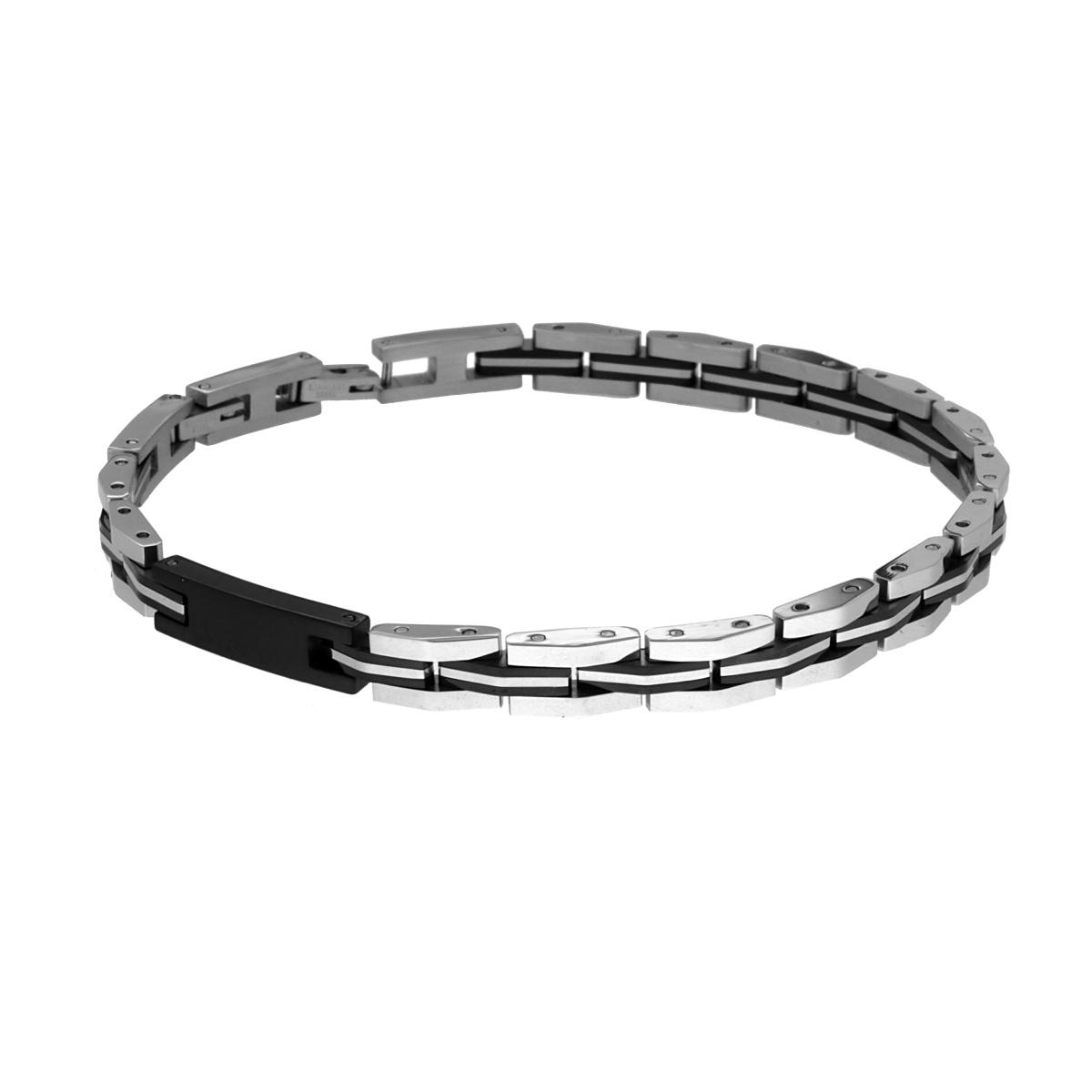 Bracciale Uomo Maglia Imperniata Bicolore con Targa laccata Nera in ACCIAIO