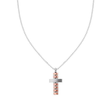 Collana Uomo Catena Forzatina Diamantata con Croce bicolore Rosa e ACCIAIO