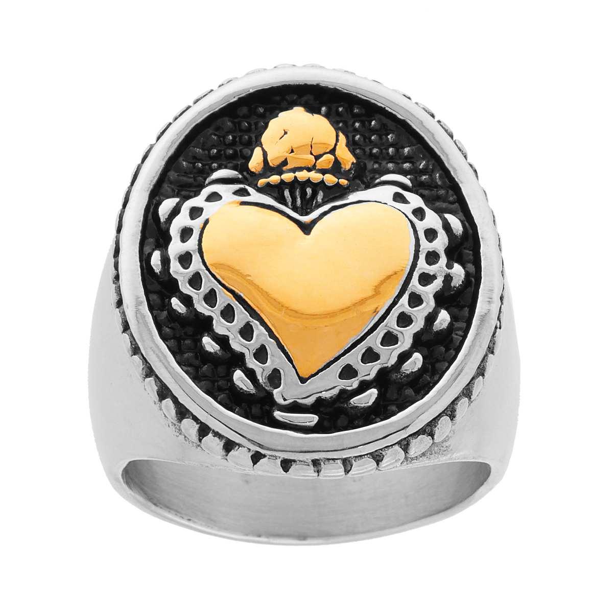 Anello Uomo Chevalier Ovale con Cuore Votivo colore Oro in ACCIAIO Brunito