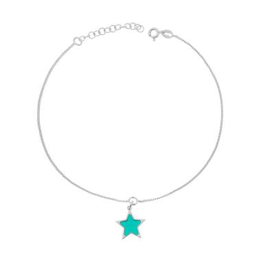 Cavigliera Catena Grumetta con Stella smalto Turchese in ARGENTO 925 Galvanica Rodio