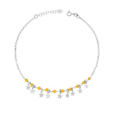 Cavigliera Catena Rolo Diamantata con Crystal Giallo e Stelle plain pendenti in ARGENTO 925 Galvanica Rodio