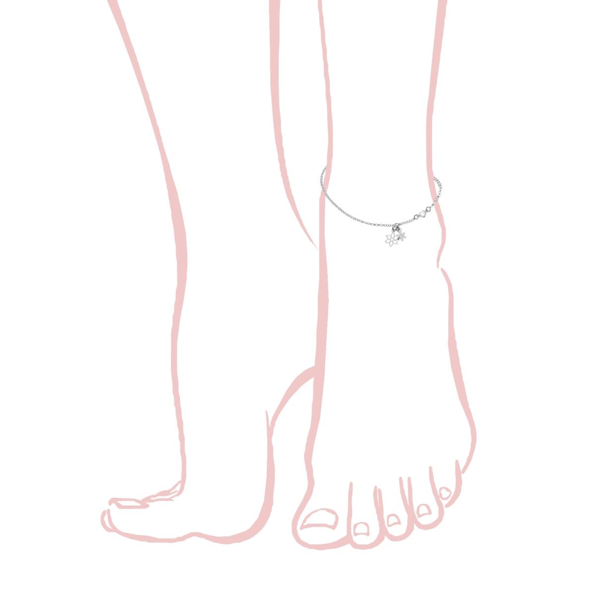 Cavigliera Catena Rolo Diamantata con Zircone a forma di Cuore e Fiori pendenti in ARGENTO 925 Galvanica Rodio