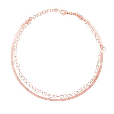Cavigliera due fili Catena Magik e Cuori in ARGENTO 925 Galvanica Rosa