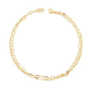 Cavigliera due fili Catena Cuori e Forzatina allungata in ARGENTO 925 Galvanica Oro