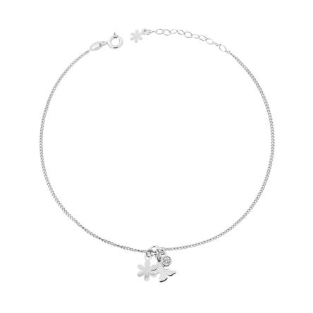 Cavigliera Catena Grumetta con Farfalla Fiore plain e Zircone Bianco pendenti in ARGENTO 925 Galvanica Rodio