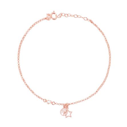 Cavigliera Catena Rolo Diamantata con Albero della Vita Stella e Zircone a Cuore Bianco in ARGENTO 925 Galvanica Rosa