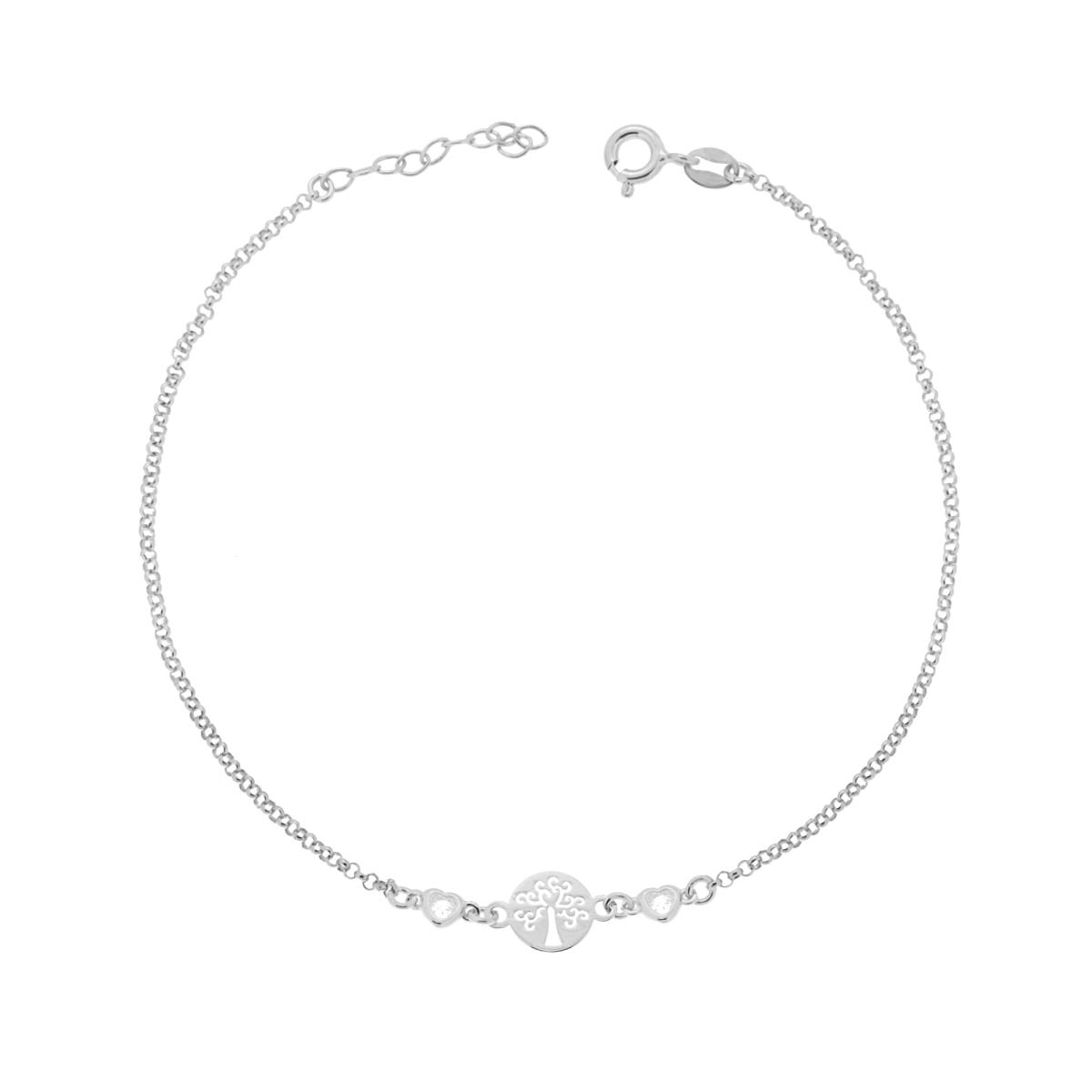 Cavigliera Catena Rolo Diamantata con Albero della Vita e Zirconi a Cuore Bianco in ARGENTO 925 Galvanica Rodio