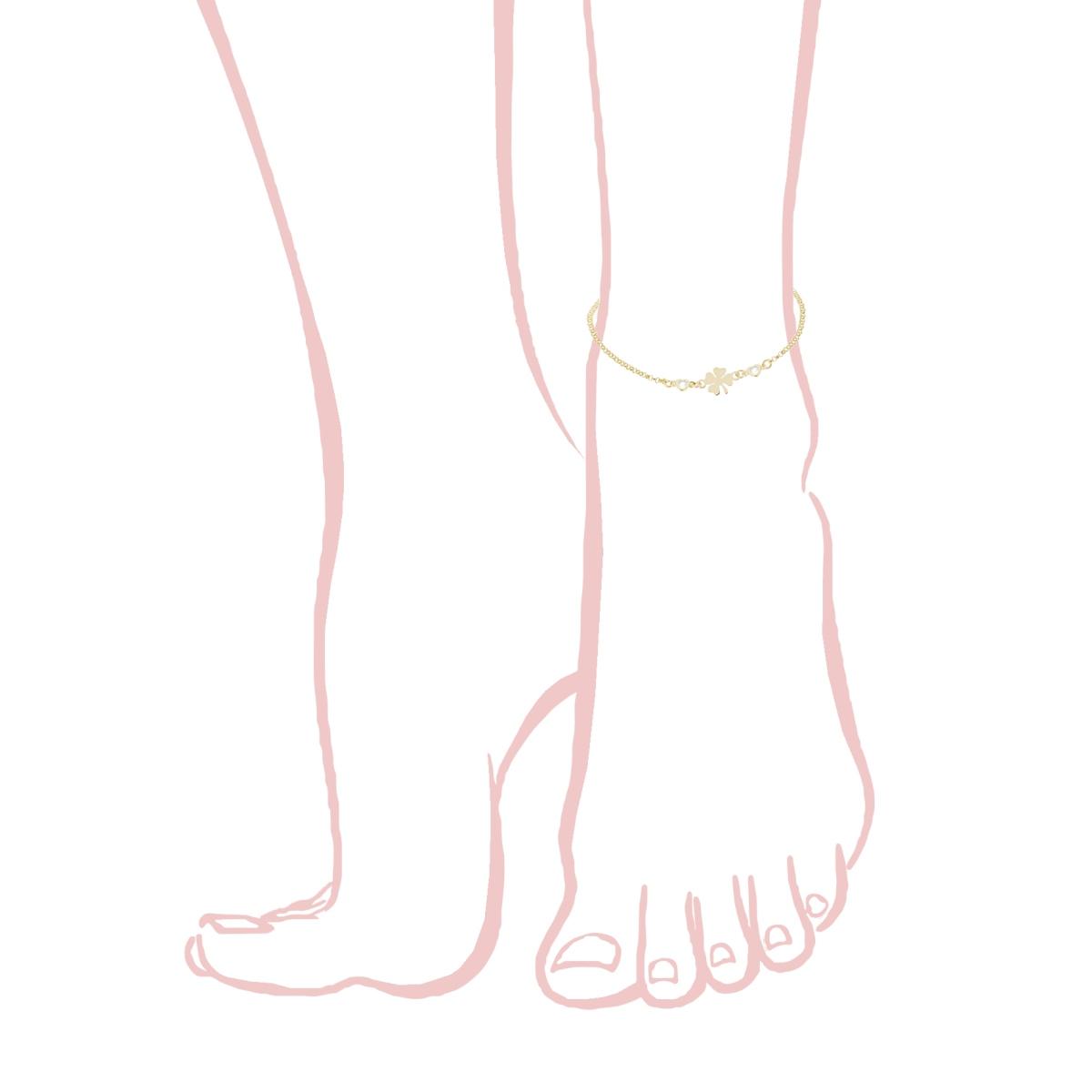 Cavigliera Catena Rolo Diamantata con Quadrifoglio e Zirconi a Cuore Bianco in ARGENTO 925 Galvanica Oro