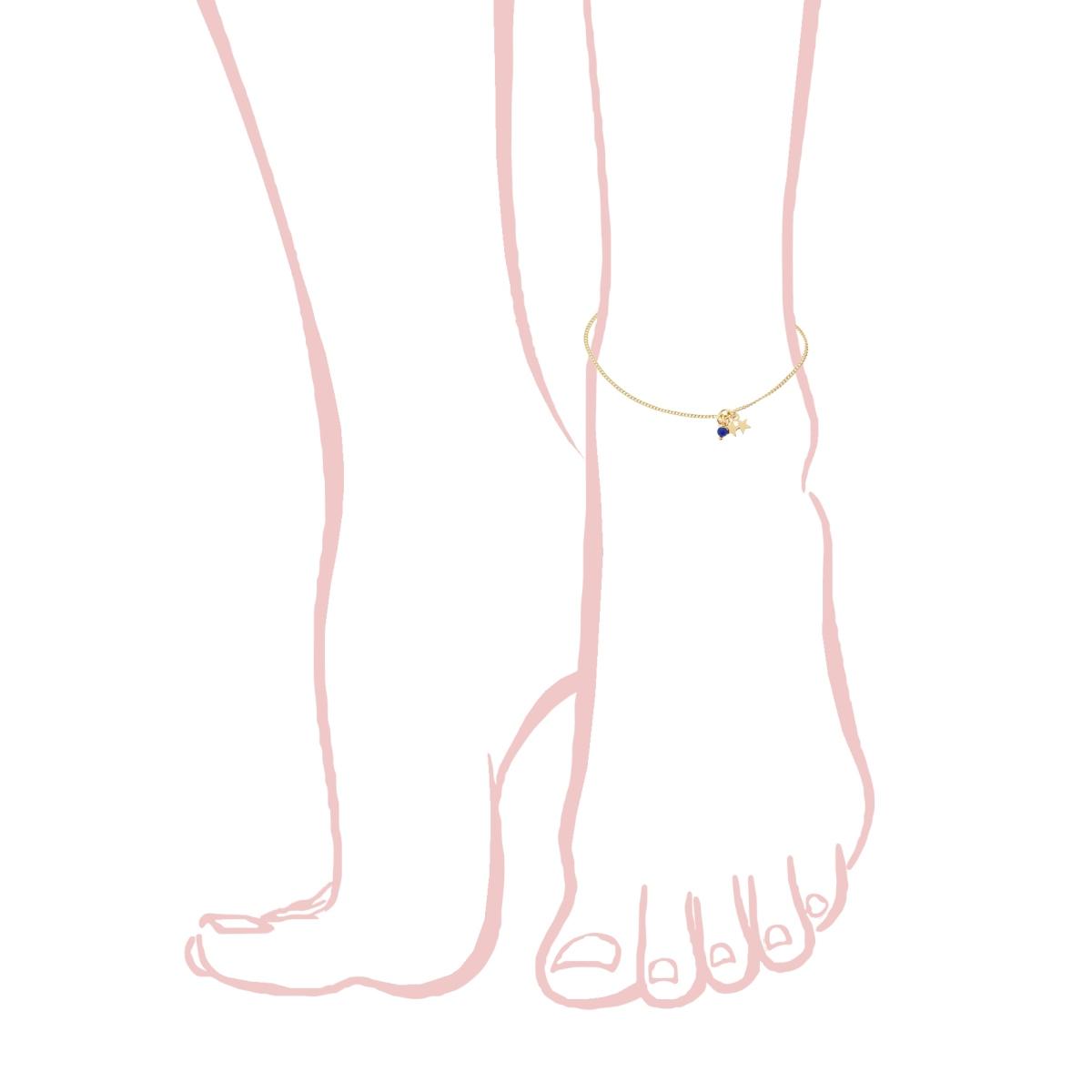 Cavigliera Catena Grumetta Diamantata con Stelle plain e Perlina Blu in ARGENTO 925 Galvanica Oro