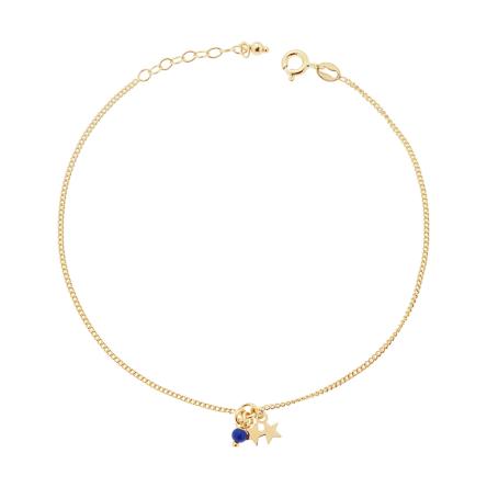 Cavigliera Catena Grumetta Diamantata con Stelle plain e Perlina Blu in ARGENTO 925 Galvanica Oro