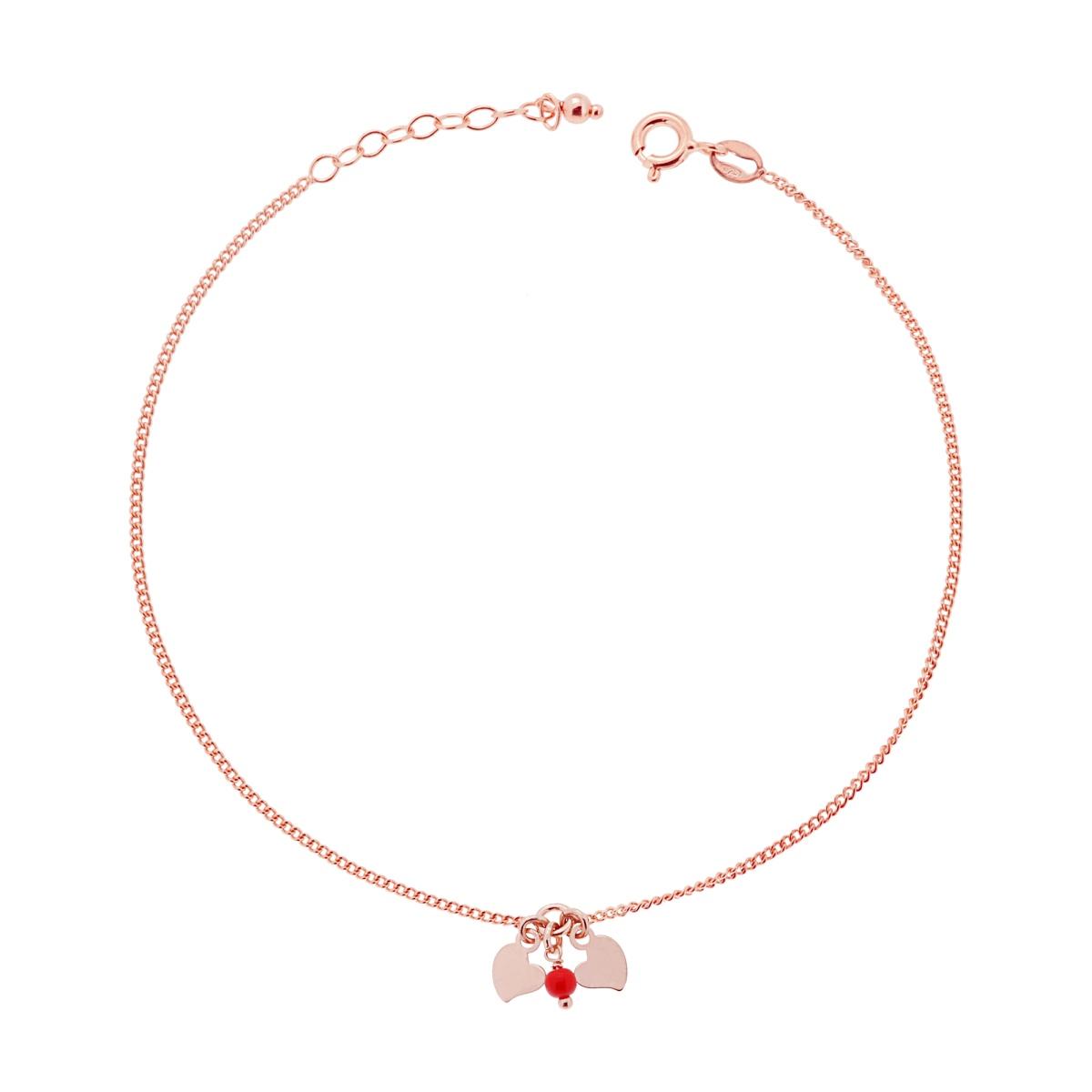 Cavigliera Catena Grumetta Diamantata con Cuori plain e Perlina Rosso in ARGENTO 925 Galvanica Rosa