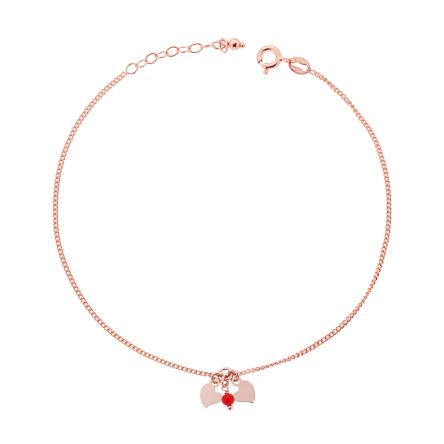 Cavigliera Catena Grumetta Diamantata con Cuori plain e Perlina Rosso in ARGENTO 925 Galvanica Rosa