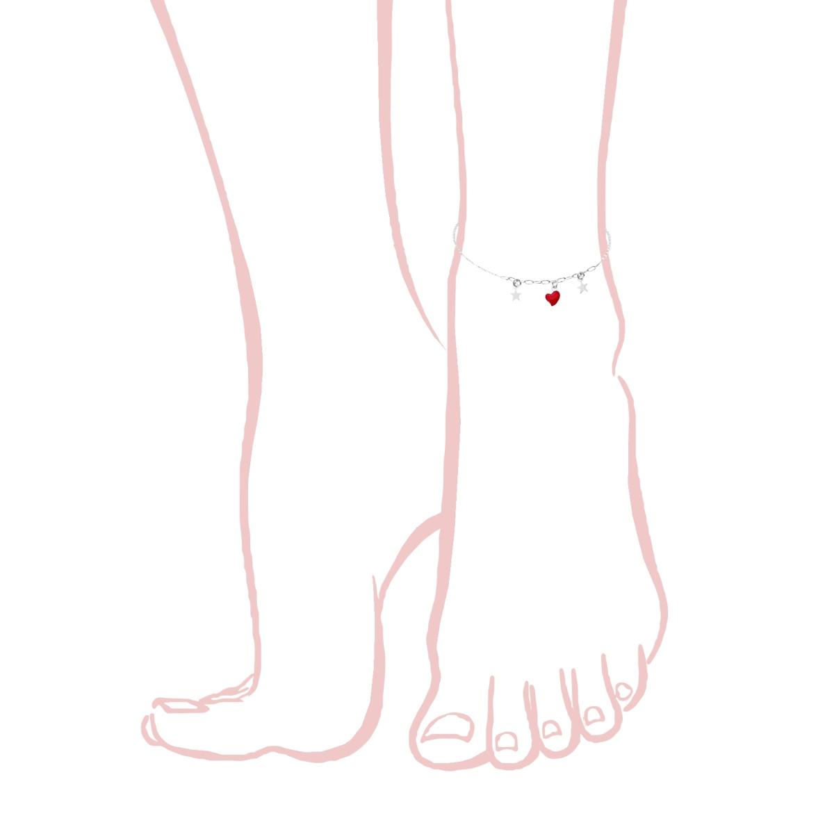 Cavigliera Catena Rolo Diamantata con Cuore smalto Rosso e Stelle plain pendenti in ARGENTO 925 Galvanica Rodio