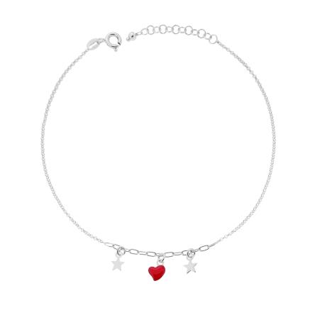 Cavigliera Catena Rolo Diamantata con Cuore smalto Rosso e Stelle plain pendenti in ARGENTO 925 Galvanica Rodio