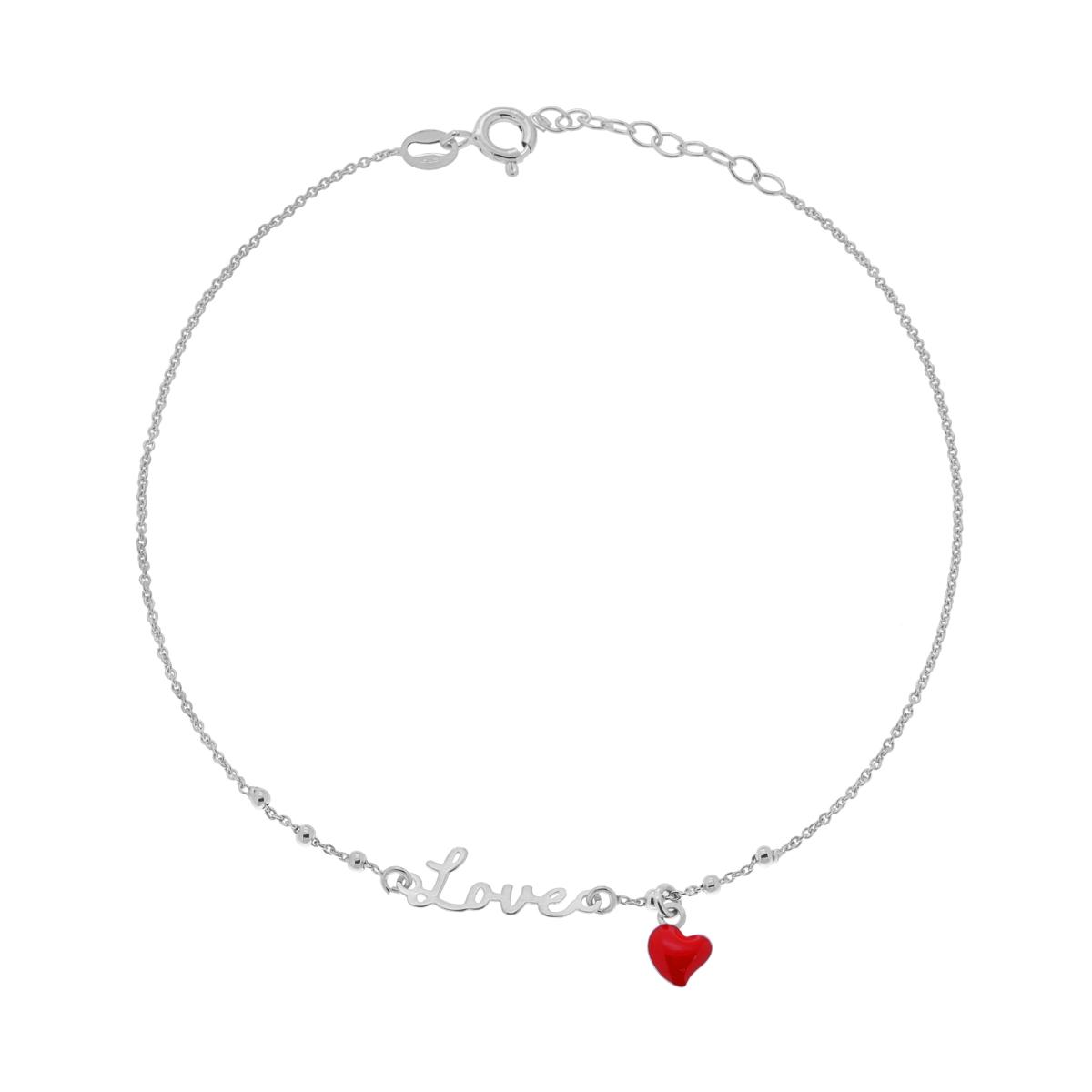 Cavigliera Catena Rolo Diamantata con scritta Love e Cuore smalto Rosso pendente in ARGENTO 925 Galvanica Rodio
