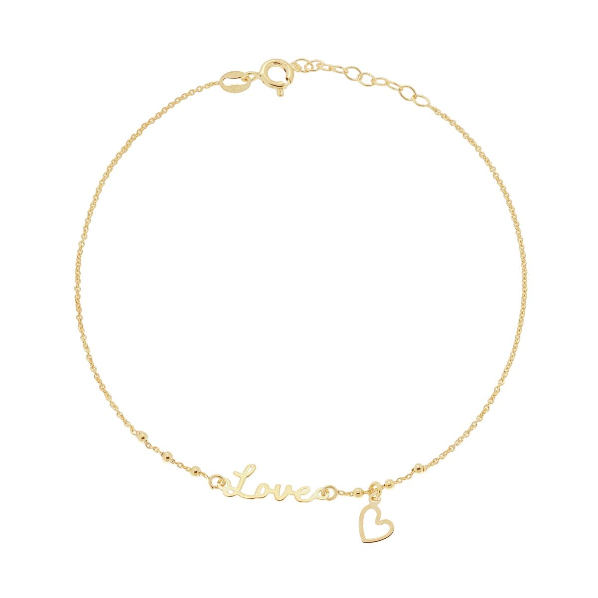 Cavigliera Catena Rolo Diamantata con scritta Love e Cuore pendente in ARGENTO 925 Galvanica Oro