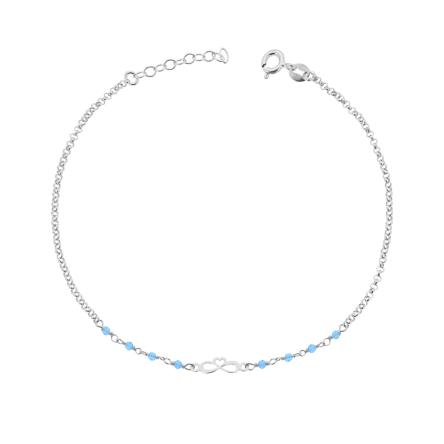 Cavigliera Catena Rolo Diamantata con Infinito Cuore e Crystal Azzurro in ARGENTO 925 Galvanica Rodio