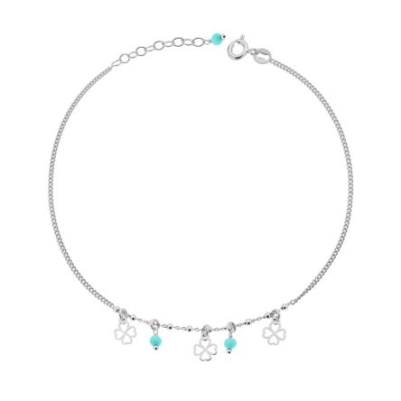 Cavigliera Catena Grumetta Diamantata con Quadrifogli e Perline Verde Acqua pendenti in ARGENTO 925 Galvanica Rodio