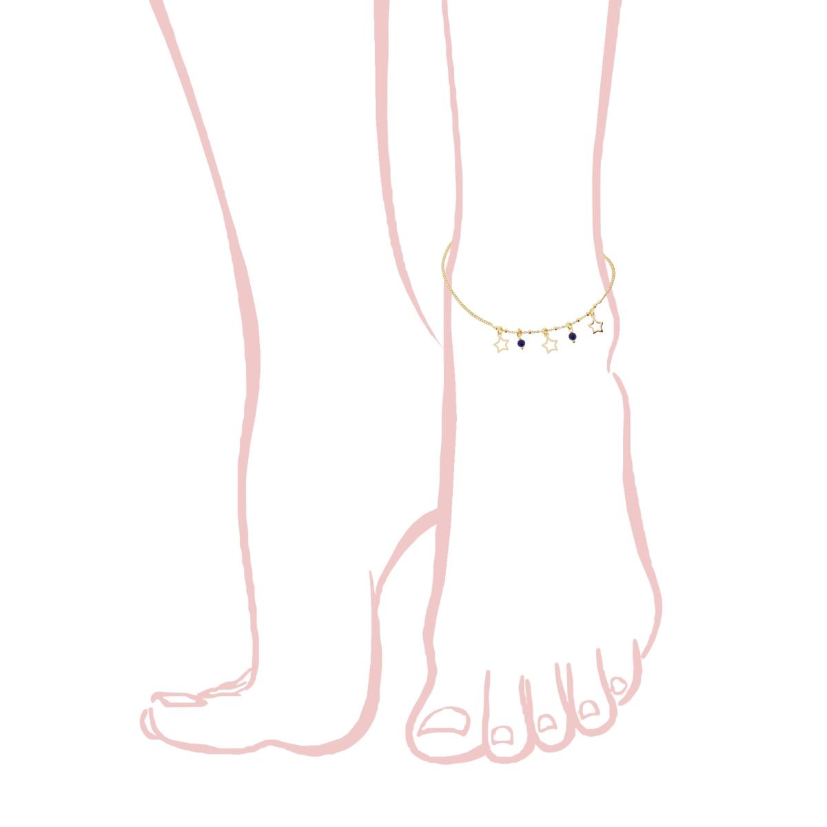 Cavigliera Catena Grumetta Diamantata con Stelle e Perline Blu pendenti in ARGENTO 925 Galvanica Oro