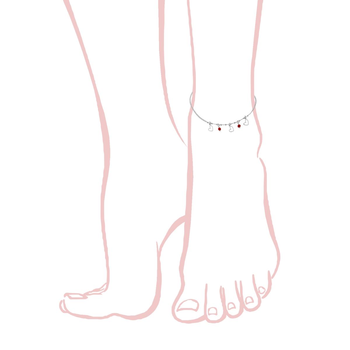 Cavigliera Catena Grumetta Diamantata con Cuori e Perline Rosse pendenti in ARGENTO 925 Galvanica Rodio