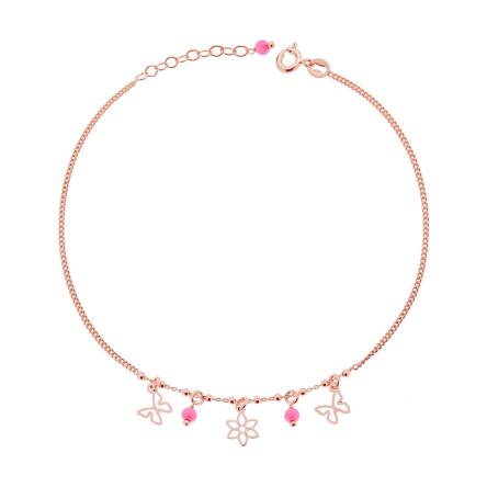 Cavigliera Catena Grumetta Diamantata con Farfalle e Fiore e Perline Rosa pendenti in ARGENTO 925 Galvanica Rosa