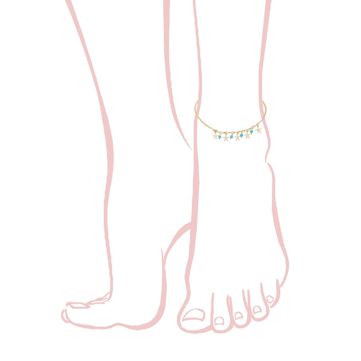 Cavigliera Catena Grumetta Diamantata con Stelle Marine plain e Crystal Azzurri pendenti in ARGENTO 925 Galvanica Oro